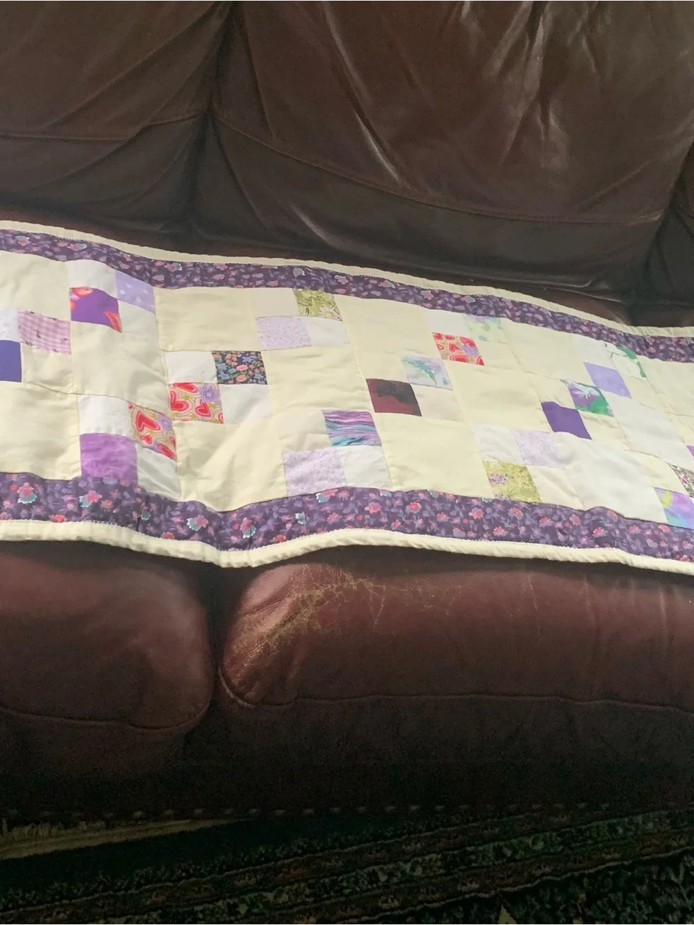 Handmade Purple Patchwork Table Runner | 68x15 Quilted Dresser Scarf Cottagecore